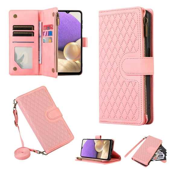 Crossbody Strap Wallet Case for Samsung Galaxy A53 5G, PU Leather Case with Lanyard Strap Wristlet Zipper Card Holder Anti-shock Anti-fall Kickstand Flip Case Cover for A53 5G, Pink