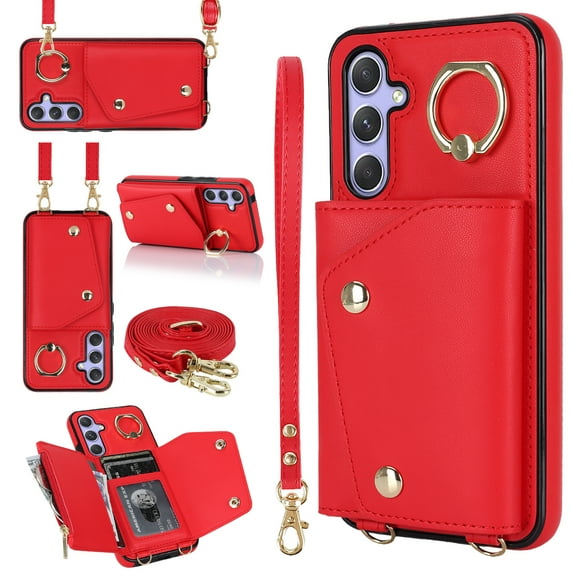 Crossbody Strap Wallet Case for Samsung Galaxy A54 5G with Wrist Strap, 360° Rotating Ring Kickstand & Card Holder PU Leather Purse Magnetic Snap Zipper Case Cover for Galaxy A54 5G, Red