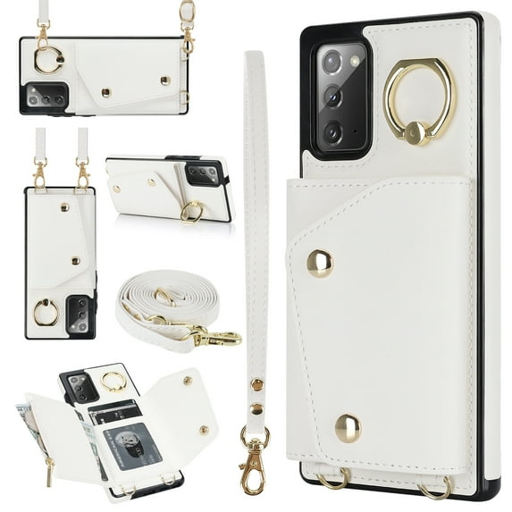 Crossbody Strap Wallet Case for Samsung Galaxy Note 20 with Wrist Strap, 360° Rotating Ring Kickstand & Card Holder PU Leather Purse Magnetic Snap Zipper Case Cover for Galaxy Note 20, White
