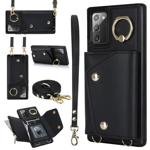 Crossbody Strap Wallet Case for Samsung Galaxy Note 20 with Wrist Strap, 360° Rotating Ring Kickstand & Card Holder PU Leather Purse Magnetic Snap Zipper Case Cover for Galaxy Note 20, Black