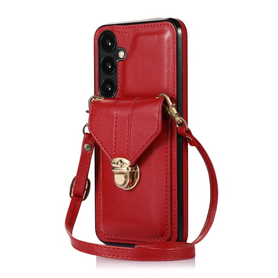 Crossbody Strap Wallet Case for Samsung Galaxy S23 FE, Elegant Premium PU Leather Case with Card Holder, Women Shoulder Strap Handbag Purse Drop Protection Cover Case for S23 FE - Red