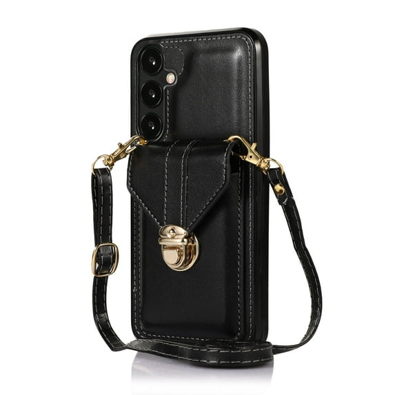 Crossbody Strap Wallet Case for Samsung Galaxy S23 FE, Elegant Premium PU Leather Case with Card Holder, Women Shoulder Strap Handbag Purse Drop Protection Cover Case for S23 FE - Black