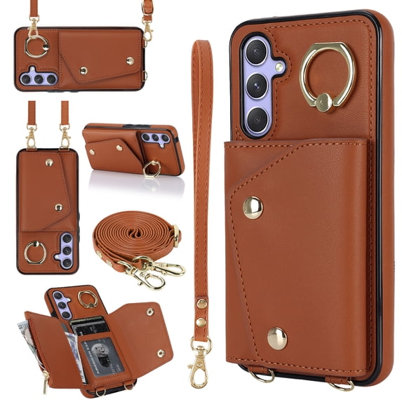 Crossbody Strap Wallet Case for Samsung Galaxy S23 FE with Wrist Strap, 360° Rotating Ring Kickstand & Card Holder PU Leather Purse Magnetic Snap Zipper Case Cover for Galaxy S23 FE, Brown