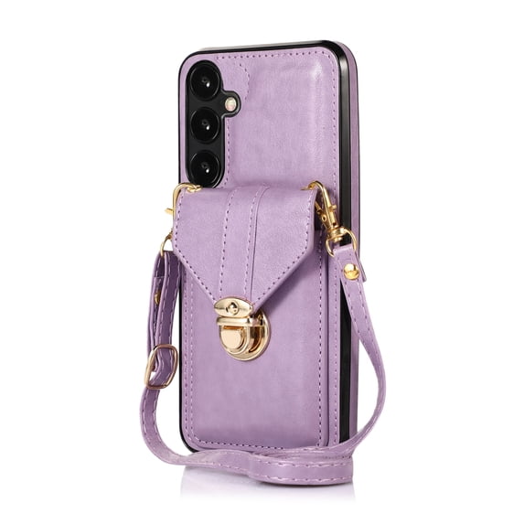 Crossbody Strap Wallet Case for Samsung Galaxy S24, Elegant Premium PU Leather Case with Card Holder, Women Shoulder Strap Handbag Purse Drop Protection Cover Case for S24 - Purple
