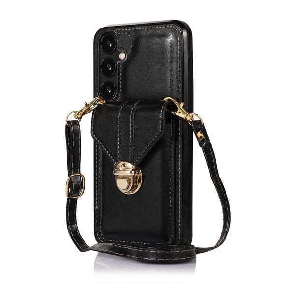 Crossbody Strap Wallet Case for Samsung Galaxy S24, Elegant Premium PU Leather Case with Card Holder, Women Shoulder Strap Handbag Purse Drop Protection Cover Case for S24 - Black