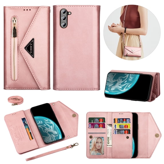 Crossbody Strap Wallet Case For Samsung Galaxy S24 Plus , Magnetic Book Envelope Design PU Leather Shoulder Strap Hand Wrist Stand Flip Cards Slots Cover with wrist Strap for Samsung S24 Plus,Rosegold
