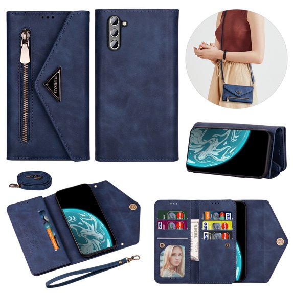 Crossbody Strap Wallet Case For Samsung Galaxy S24 Plus , Magnetic Book Envelope Design PU Leather Shoulder Strap Hand Wrist Stand Flip Cards Slots Cover with wrist Strap for Samsung S24 Plus,Blue