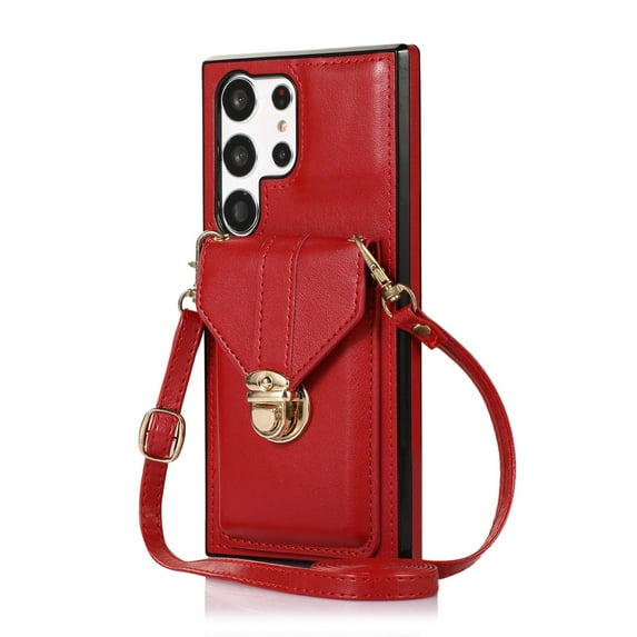 Crossbody Strap Wallet Case for Samsung Galaxy S24 Ultra, Elegant Premium PU Leather Case with Card Holder, Women Shoulder Strap Handbag Purse Drop Protection Cover Case for S24 Ultra - Red