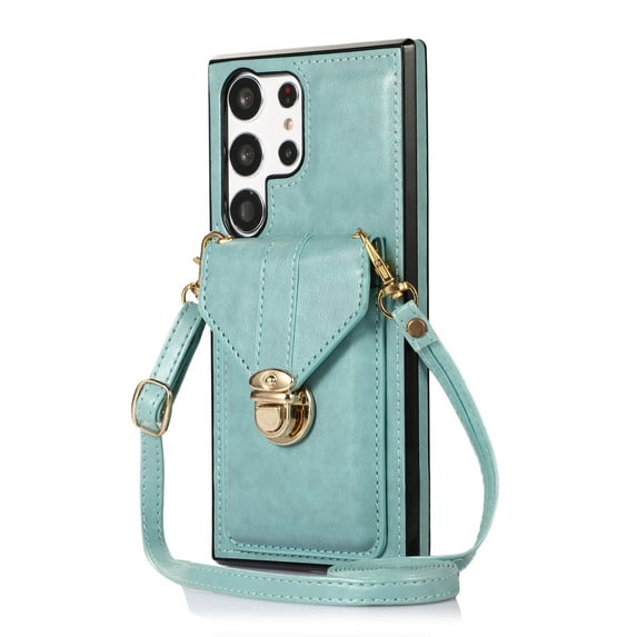 Crossbody Strap Wallet Case for Samsung Galaxy S24 Ultra, Elegant Premium PU Leather Case with Card Holder, Women Shoulder Strap Handbag Purse Drop Protection Cover Case for S24 Ultra - Green