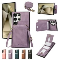 Crossbody Strap Wallet Case for Samsung Galaxy S25 Ultra, RFID Blocking PU Leather Back Flip Cover, Kickstand Folio Case with 5 Card Slots Holder Shockproof Case For Samsung Galaxy S25 Ultra,Purple