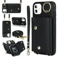 thumbnail image 1 of Crossbody Strap Wallet Case for iPhone 11 with Wrist Strap, 360° Rotating Ring Kickstand & Card Holder PU Leather Purse Magnetic Snap Zipper Case Cover for iPhone 11, Black, 1 of 9