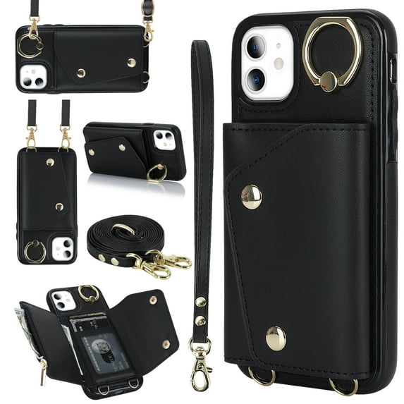 Crossbody Strap Wallet Case for iPhone 11 with Wrist Strap, 360° Rotating Ring Kickstand & Card Holder PU Leather Purse Magnetic Snap Zipper Case Cover for iPhone 11, Black