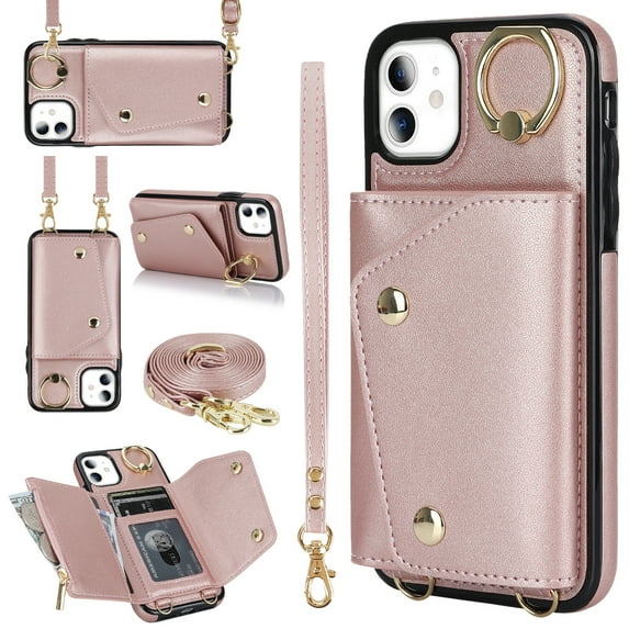 Crossbody Strap Wallet Case for iPhone 11 with Wrist Strap, 360° Rotating Ring Kickstand & Card Holder PU Leather Purse Magnetic Snap Zipper Case Cover for iPhone 11, Rosegold