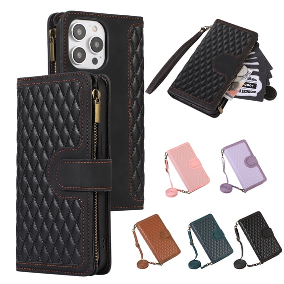 Crossbody Strap Wallet Case for iPhone 12/12 Pro, PU Leather Case with Lanyard Strap Wristlet Zipper Card Holder Anti-shock Anti-fall Kickstand Flip Case Cover for iPhone 12/12 Pro, Black