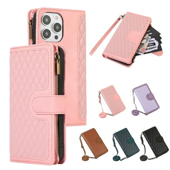Crossbody Strap Wallet Case for iPhone 12/12 Pro, PU Leather Case with Lanyard Strap Wristlet Zipper Card Holder Anti-shock Anti-fall Kickstand Flip Case Cover for iPhone 12/12 Pro, Pink