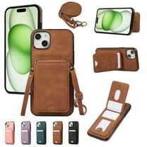 Crossbody Strap Wallet Case for iPhone 13, RFID Blocking PU Leather Back Flip Cover, Kickstand Folio Case with 5 Card Slots Holder Shockproof Case For iPhone 13,Brown