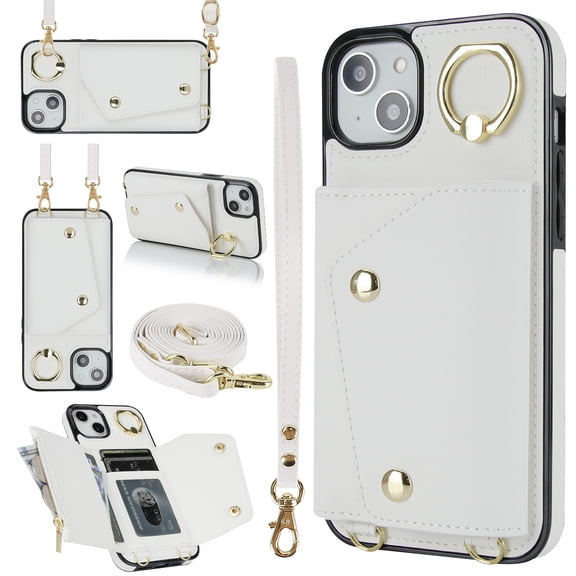 Crossbody Strap Wallet Case for iPhone 13 with Wrist Strap, 360° Rotating Ring Kickstand & Card Holder PU Leather Purse Magnetic Snap Zipper Case Cover for iPhone 13, White