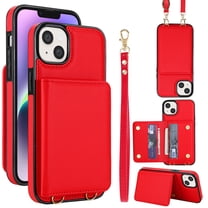 Crossbody Strap Wallet Case for iPhone 14 with Card Holder, Luxury PU Leather RFID Blocking Protective Case with Magnetic Back Flip Kickstand Detachable Wrist Lanyard,Red