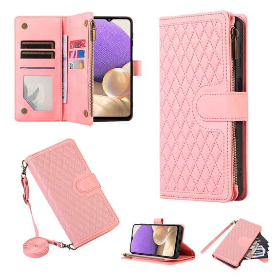 Crossbody Strap Wallet Case for iPhone 14 Plus, PU Leather Case with Lanyard Strap Wristlet Zipper Card Holder Anti-shock Anti-fall Kickstand Flip Case Cover for iPhone 14 Plus, Pink