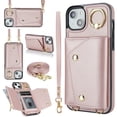 thumbnail image 1 of Crossbody Strap Wallet Case for iPhone 14 Plus with Wrist Strap, 360° Rotating Ring Kickstand & Card Holder PU Leather Purse Magnetic Snap Zipper Case Cover for iPhone 14 Plus, Rosegold, 1 of 9