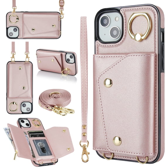 Crossbody Strap Wallet Case for iPhone 14 Plus with Wrist Strap, 360° Rotating Ring Kickstand & Card Holder PU Leather Purse Magnetic Snap Zipper Case Cover for iPhone 14 Plus, Rosegold
