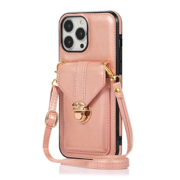 Crossbody Strap Wallet Case for iPhone 14 Pro, Elegant Premium PU Leather Case with Card Holder, Women Shoulder Strap Handbag Purse Drop Protection Cover Case for iPhone 14 Pro - Rosegold