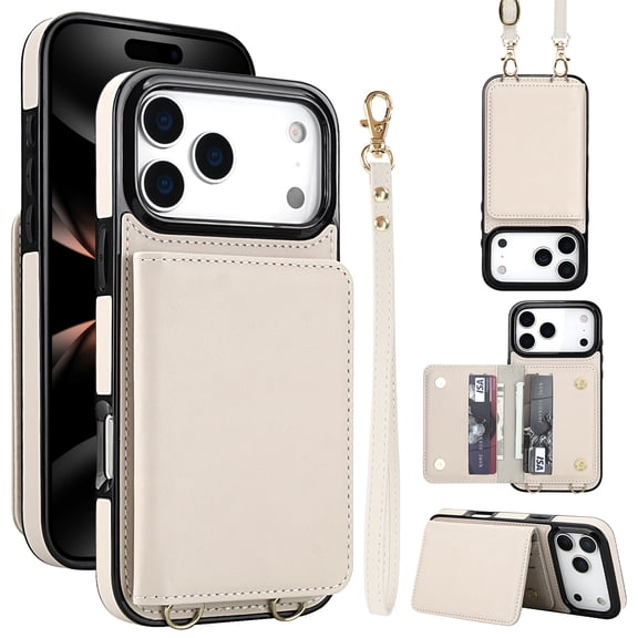 Crossbody Strap Wallet Case for iPhone 15 with Card Holder, Luxury PU Leather RFID Blocking Protective Case with Magnetic Back Flip Kickstand Detachable Wrist Lanyard,White