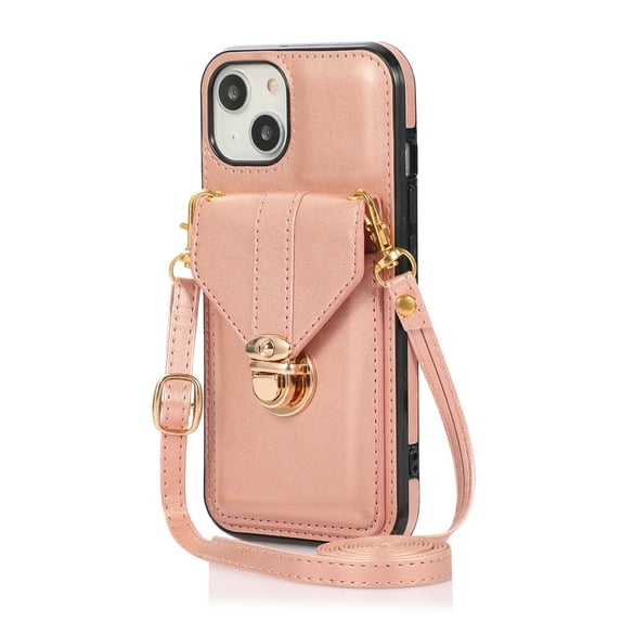 Crossbody Strap Wallet Case for iPhone 15, Elegant Premium PU Leather Case with Card Holder, Women Shoulder Strap Handbag Purse Drop Protection Cover Case for iPhone 15 - Rosegold