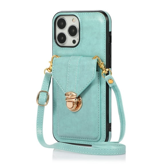 Crossbody Strap Wallet Case for iPhone 15 Pro Max, Elegant Premium PU Leather Case with Card Holder, Women Shoulder Strap Handbag Purse Drop Protection Cover Case for iPhone 15 Pro Max - Green