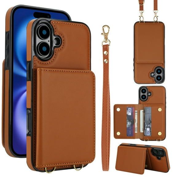 Crossbody Strap Wallet Case for iPhone 16 Plus with Card Holder, Luxury PU Leather RFID Blocking Protective Case with Magnetic Back Flip Kickstand Detachable Wrist Lanyard,Brown