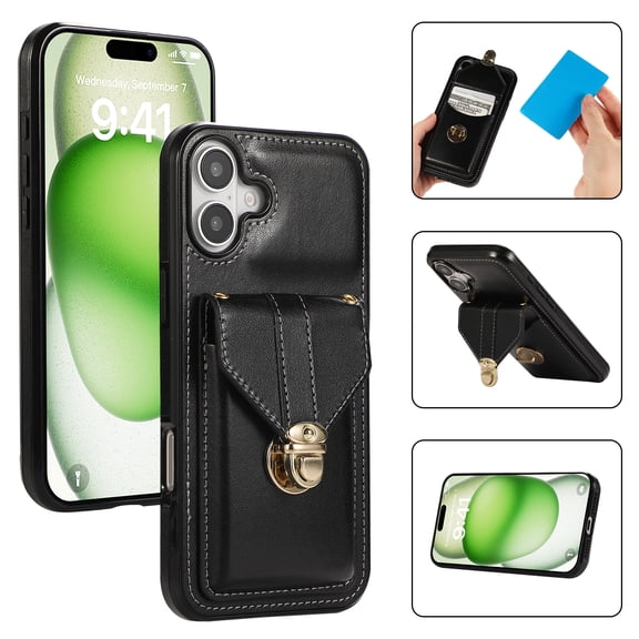 Crossbody Strap Wallet Case for iPhone 16 Plus, Elegant Premium PU Leather Case with Card Holder, Women Shoulder Strap Handbag Purse Drop Protection Cover Case for iPhone 16 Plus - Black
