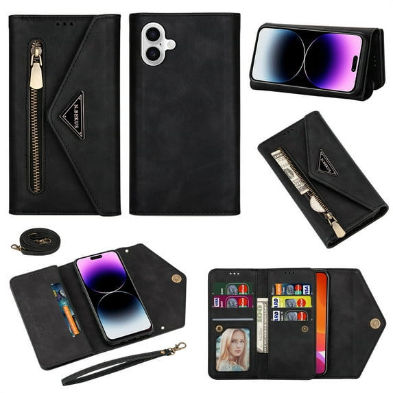 Crossbody Strap Wallet Case For iPhone 16 Plus , Magnetic Book Envelope Design PU Leather Shoulder Strap Hand Wrist Stand Flip Cards Slots Cover with wrist Strap for iPhone 16 Plus,Black