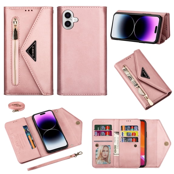 Crossbody Strap Wallet Case For iPhone 16 Plus , Magnetic Book Envelope Design PU Leather Shoulder Strap Hand Wrist Stand Flip Cards Slots Cover with wrist Strap for iPhone 16 Plus,Rosegold