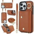 thumbnail image 1 of Crossbody Strap Wallet Case for iPhone 16 Plus with Wrist Strap, 360° Rotating Ring Kickstand & Card Holder PU Leather Purse Magnetic Snap Zipper Case Cover for iPhone 16 Plus, Brown, 1 of 9