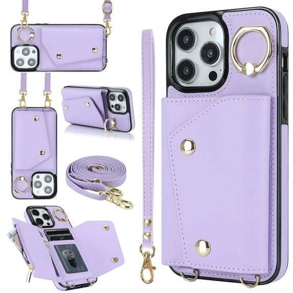Crossbody Strap Wallet Case for iPhone 16 Plus with Wrist Strap, 360° Rotating Ring Kickstand & Card Holder PU Leather Purse Magnetic Snap Zipper Case Cover for iPhone 16 Plus, Purple