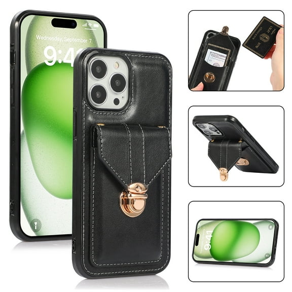 Crossbody Strap Wallet Case for iPhone 16 Pro, Elegant Premium PU Leather Case with Card Holder, Women Shoulder Strap Handbag Purse Drop Protection Cover Case for iPhone 16 Pro - Black