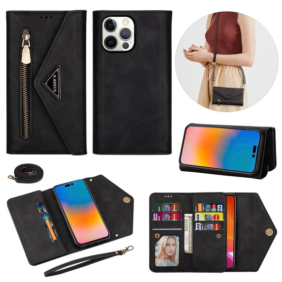 Crossbody Strap Wallet Case For iPhone 16 Pro , Magnetic Book Envelope Design PU Leather Shoulder Strap Hand Wrist Stand Flip Cards Slots Cover with wrist Strap for iPhone 16 Pro,Black