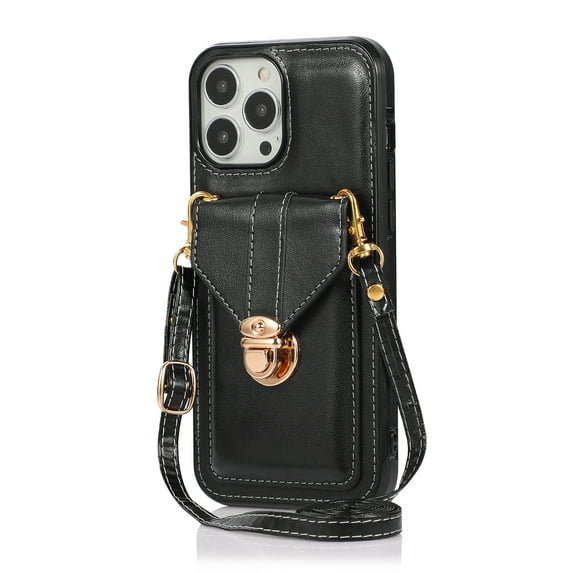 Crossbody Strap Wallet Case for iPhone 16 Pro Max, Elegant Premium PU Leather Case with Card Holder, Women Shoulder Strap Handbag Purse Drop Protection Cover Case for iPhone 16 Pro Max - Black