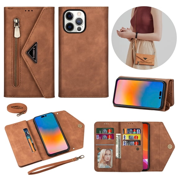 Crossbody Strap Wallet Case For iPhone 16 Pro Max , Magnetic Book Envelope Design PU Leather Shoulder Strap Hand Wrist Stand Flip Cards Slots Cover with wrist Strap for iPhone 16 Pro Max,Brown