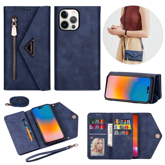 Crossbody Strap Wallet Case For iPhone 16 Pro Max , Magnetic Book Envelope Design PU Leather Shoulder Strap Hand Wrist Stand Flip Cards Slots Cover with wrist Strap for iPhone 16 Pro Max,Blue