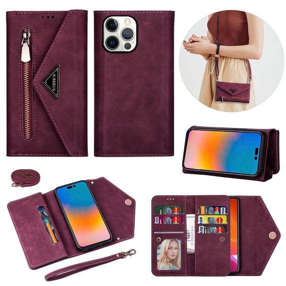 Crossbody Strap Wallet Case For iPhone 16 Pro Max , Magnetic Book Envelope Design PU Leather Shoulder Strap Hand Wrist Stand Flip Cards Slots Cover with wrist Strap for iPhone 16 Pro Max,Winered