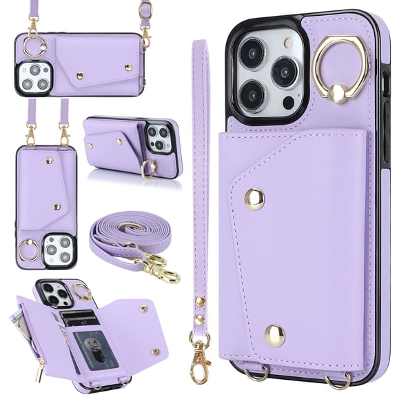 Crossbody Strap Wallet Case for iPhone 16 Pro Max with Wrist Strap, 360° Rotating Ring Kickstand & Card Holder PU Leather Purse Magnetic Snap Zipper Case Cover for iPhone 16 Pro Max, Purple