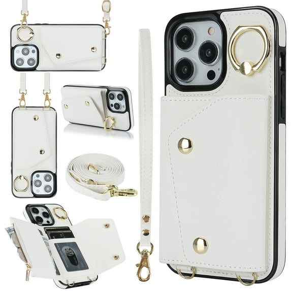Crossbody Strap Wallet Case for iPhone 16 with Wrist Strap, 360° Rotating Ring Kickstand & Card Holder PU Leather Purse Magnetic Snap Zipper Case Cover for iPhone 16, White
