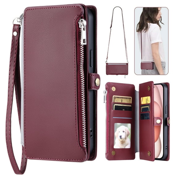 Crossbody Strap Wallet Case for iPhone 16, Zipper Pocket Case with Card Holder, PU Leather RFID Blocking Protective Cover Case with Kickstand Detachable Wrist Lanyard,Winered