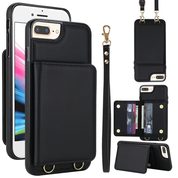 Crossbody Strap Wallet Case for iPhone 7 / 8 / SE 2022 & 2020 with Card Holder, Luxury PU Leather RFID Blocking Protective Case with Magnetic Back Flip Kickstand Detachable Wrist Lanyard,Black