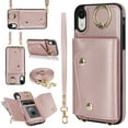 thumbnail image 1 of Crossbody Strap Wallet Case for iPhone XR with Wrist Strap, 360° Rotating Ring Kickstand & Card Holder PU Leather Purse Magnetic Snap Zipper Case Cover for iPhone XR, Rosegold, 1 of 9