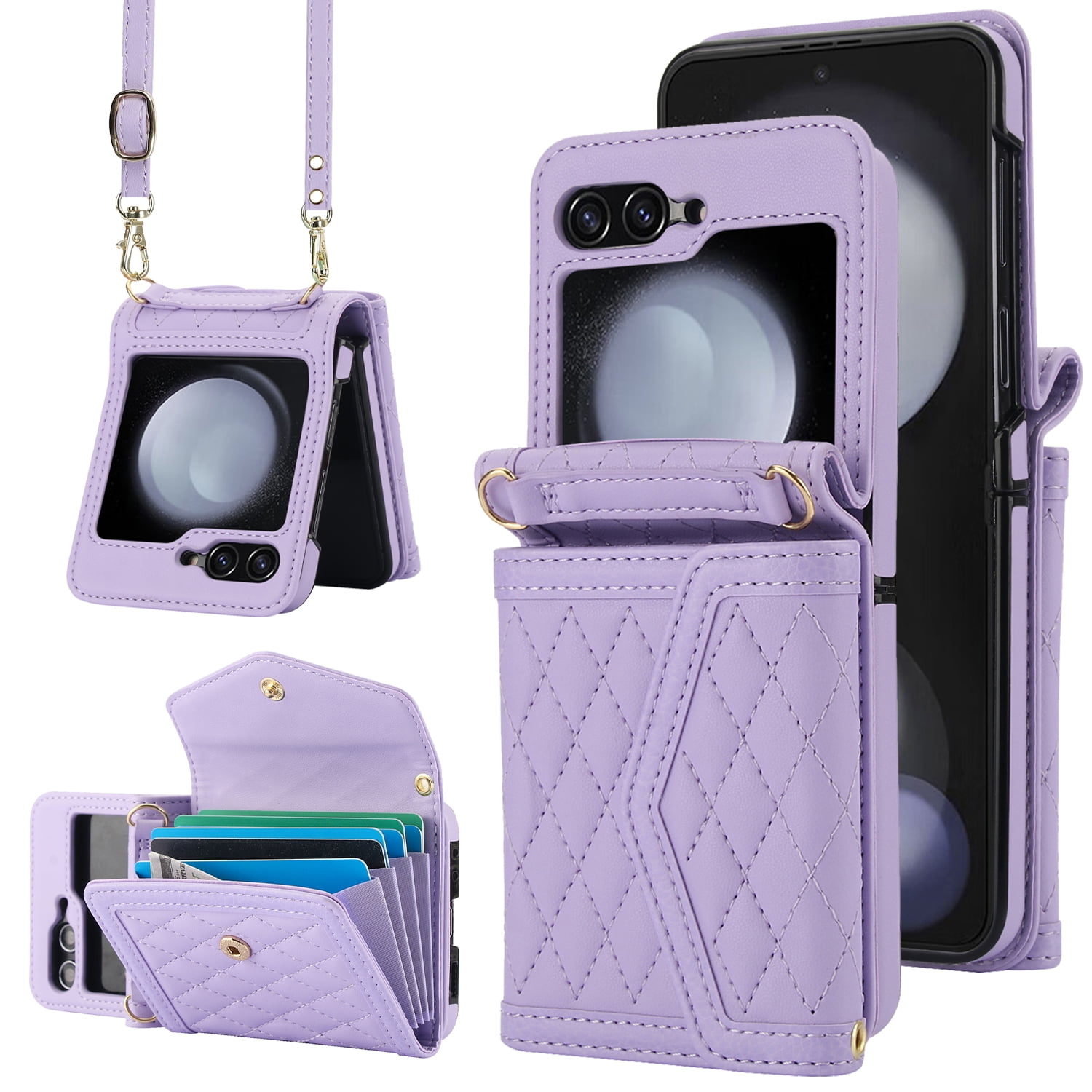 Crossbody Strap + Wristband Phone Case for Samsung Galaxy Z Flip 6 Wallet Cover, PU Leather Flip Card Holder Cell Accessories for Women Girls RFID Blocking for Samsung Galaxy Z Flip 6 - Lightpurple