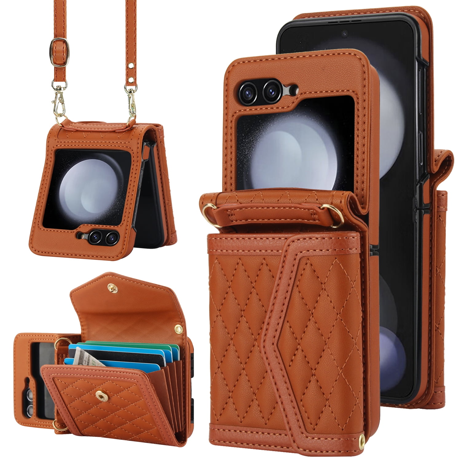 Crossbody Strap + Wristband Phone Case for Samsung Galaxy Z Flip 6 Wallet Cover, PU Leather Flip Card Holder Cell Accessories for Women Girls RFID Blocking for Samsung Galaxy Z Flip 6 - Brown