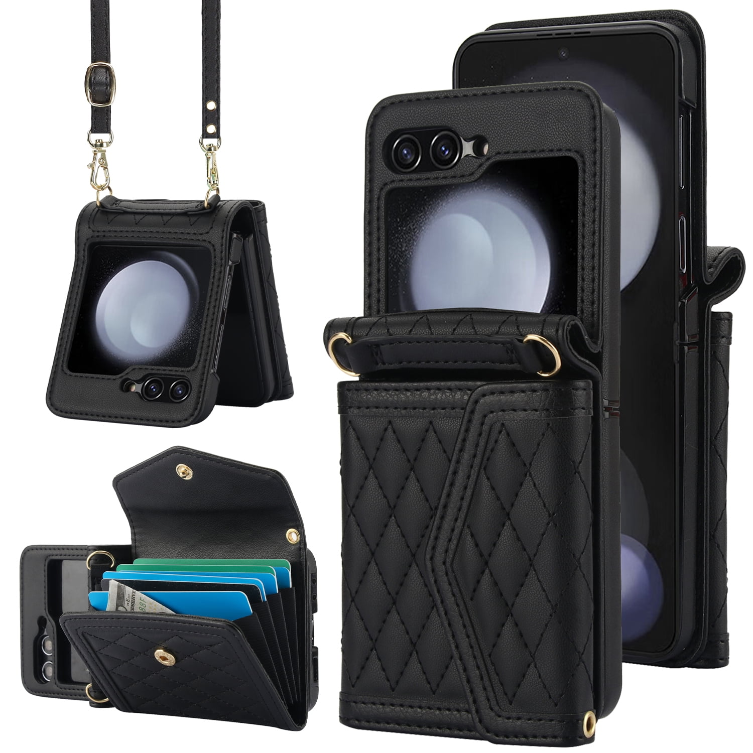Crossbody Strap + Wristband Phone Case for Samsung Galaxy Z Flip 6 Wallet Cover, PU Leather Flip Card Holder Cell Accessories for Women Girls RFID Blocking for Samsung Galaxy Z Flip 6 - Black