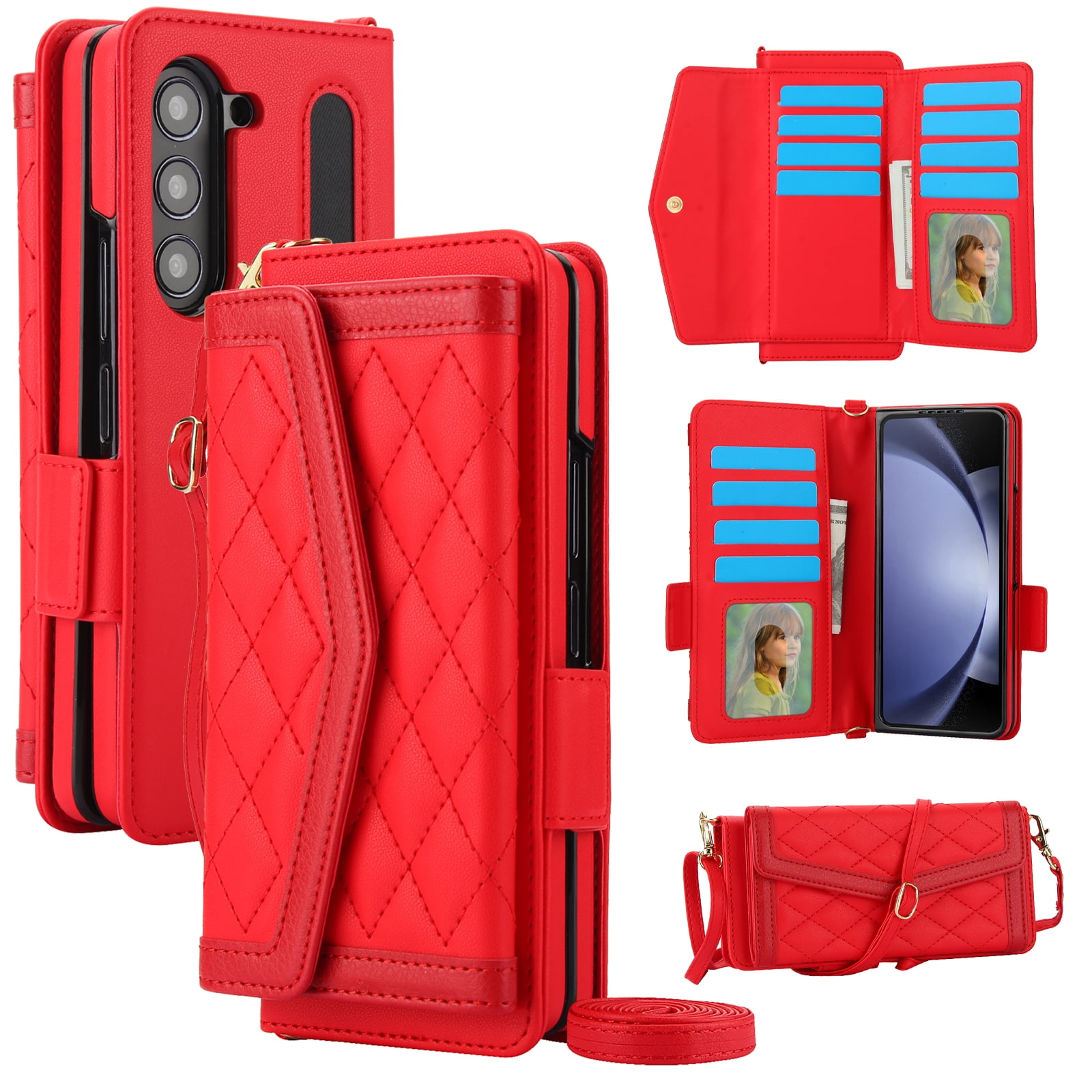 Crossbody Strap + Wristband Phone Case for Samsung Galaxy Z Fold 6 Wallet Cover with S Pen Holder, PU Leather Flip Card Holder Stand Cell Accessories for Women Girls RFID Blocking - Red